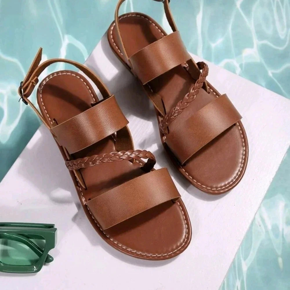 Women Braided Detail Buckle Decor Slingback Sandals, Vacation Flat Sandals - Picture 3 of 7